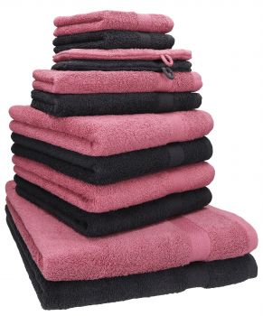 Betz Juego de 12 toallas PREMIUM 100% algodón de color grafito/rojo baya