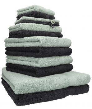 Betz 12 Piece Towel Set PREMIUM 100% Cotton 2 Wash Mitts 2 Wash Cloths 2 Guest Towels 4 Hand Towels 2 Bath Towels - graphite/hay green