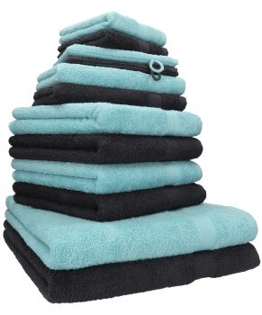 Betz 12-tlg. Handtuch-Set PREMIUM 100% Baumwolle 2 Duschtücher 4 Handtücher 2 Gästetücher 2 Seiftücher 2 Waschhandschuhe graphit/ocean