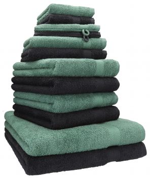 Betz 12 Piece Towel Set PREMIUM 100% Cotton 2 Wash Mitts 2 Wash Cloths 2 Guest Towels 4 Hand Towels 2 Bath Towels - graphite/fir green