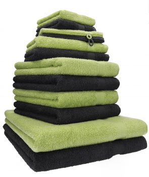 Betz 12 Piece Towel Set PREMIUM 100% Cotton 2 Wash Mitts 2 Wash Cloths 2 Guest Towels 4 Hand Towels 2 Bath Towels - graphite/avocado green
