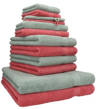 Betz 12 Piece Towel Set PREMIUM 100% Cotton 2 Wash Mitts 2 Wash Cloths 2 Guest Towels 4 Hand Towels 2 Bath Towels - raspberry/hay green
