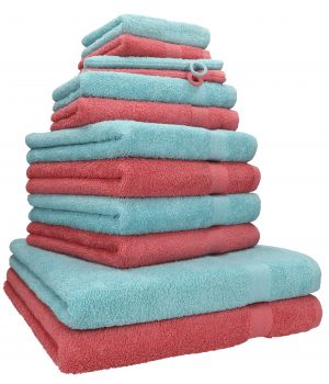 Betz 12 Piece Towel Set PREMIUM 100% Cotton 2 Wash Mitts 2 Wash Cloths 2 Guest Towels 4 Hand Towels 2 Bath Towels - raspberry/ocean