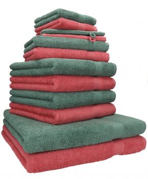 Betz 12-tlg. Handtuch-Set PREMIUM 100% Baumwolle 2 Duschtücher 4 Handtücher 2 Gästetücher 2 Seiftücher 2 Waschhandschuhe himbeere/tannengrün