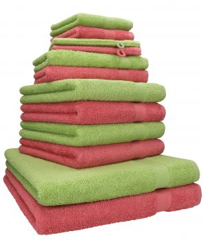 Betz 12 Piece Towel Set PREMIUM 100% Cotton 2 Wash Mitts 2 Wash Cloths 2 Guest Towels 4 Hand Towels 2 Bath Towels - raspberry/avocado green