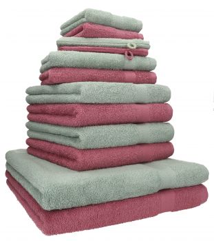 Betz 12 Piece Towel Set PREMIUM 100% Cotton 2 Wash Mitts 2 Wash Cloths 2 Guest Towels 4 Hand Towels 2 Bath Towels - wild-berry/hay green