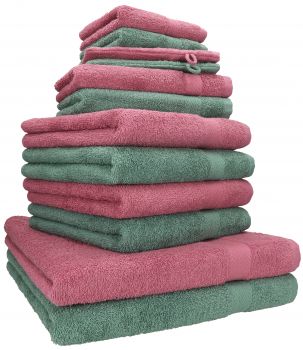 Betz 12 Piece Towel Set PREMIUM 100% Cotton 2 Wash Mitts 2 Wash Cloths 2 Guest Towels 4 Hand Towels 2 Bath Towels - wild-berry/fir green