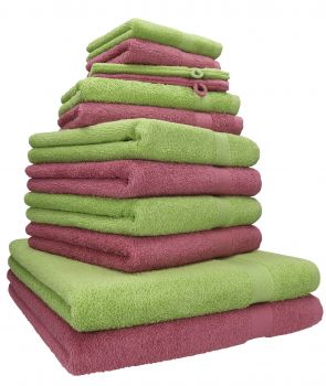 Betz Juego de 12 toallas PREMIUM 100% algodón de color rojo baya/verde aguacate