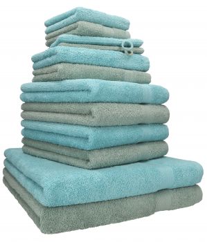 Betz lot de 12 serviettes Premium 2 draps de bain 4 serviettes de toilette 2 serviettes d'invité 2 lavettes 2 gants de toilette 100% coton vert foin/bleu océan