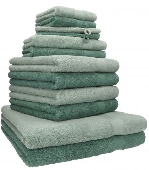 Betz Set da 12 asciugamani PREMIUM 100% cotone 2 asciugamani da doccia 4 asciugamani 2 asciugamani per gli ospiti 2 lavette 2 guanti da bagno verde fieno/verde abete