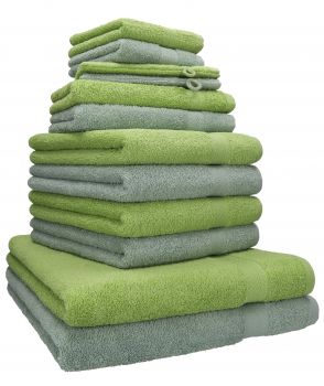 Betz 12-tlg. Handtuch-Set PREMIUM 100% Baumwolle 2 Duschtücher 4 Handtücher 2 Gästetücher 2 Seiftücher 2 Waschhandschuhe heugrün/avocadogrün