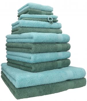Betz Juego de 12 toallas PREMIUM 100% algodón de color azul océano/verde abeto