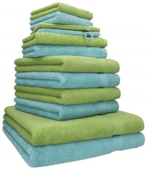 Betz Juego de 12 toallas PREMIUM 100% algodón de color azul océano/verde aguacate