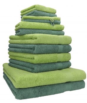 Betz 12-tlg. Handtuch-Set PREMIUM 100% Baumwolle 2 Duschtücher 4 Handtücher 2 Gästetücher 2 Seiftücher 2 Waschhandschuhe tannengrün/avocadogrün