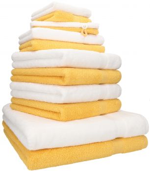 Betz 12-tlg. Handtuch-Set PREMIUM 100% Baumwolle 2 Duschtücher 4 Handtücher 2 Gästetücher 2 Seiftücher 2 Waschhandschuhe weiß/honiggelb