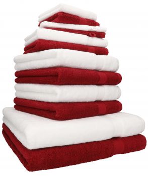Betz 12-tlg. Handtuch-Set PREMIUM 100% Baumwolle 2 Duschtücher 4 Handtücher 2 Gästetücher 2 Seiftücher 2 Waschhandschuhe weiß/rubinrot