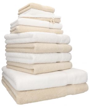 Betz 12-tlg. Handtuch-Set PREMIUM 100% Baumwolle 2 Duschtücher 4 Handtücher 2 Gästetücher 2 Seiftücher 2 Waschhandschuhe weiß/sand