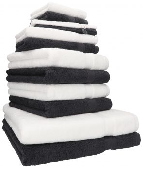 Betz 12-tlg. Handtuch-Set PREMIUM 100% Baumwolle 2 Duschtücher 4 Handtücher 2 Gästetücher 2 Seiftücher 2 Waschhandschuhe weiß/graphit
