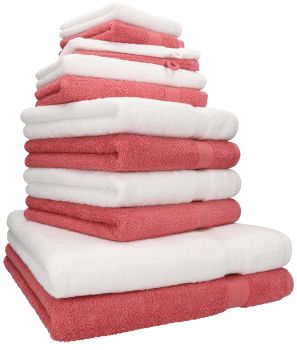 Betz 12-tlg. Handtuch-Set PREMIUM 100% Baumwolle 2 Duschtücher 4 Handtücher 2 Gästetücher 2 Seiftücher 2 Waschhandschuhe weiß/himbeere