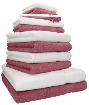 Betz 12 Piece Towel Set PREMIUM 100% Cotton 2 Wash Mitts 2 Wash Cloths 2 Guest Towels 4 Hand Towels 2 Bath Towels - white/wild-berry