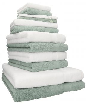 Betz 12-tlg. Handtuch-Set PREMIUM 100% Baumwolle 2 Duschtücher 4 Handtücher 2 Gästetücher 2 Seiftücher 2 Waschhandschuhe weiß/heugrün