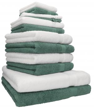 Betz 12-tlg. Handtuch-Set PREMIUM 100% Baumwolle 2 Duschtücher 4 Handtücher 2 Gästetücher 2 Seiftücher 2 Waschhandschuhe weiß/tannengrün