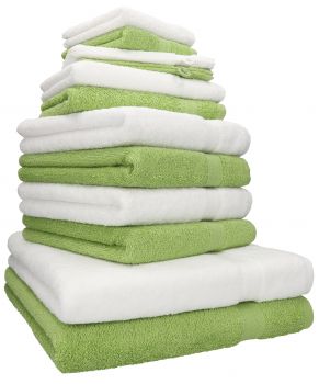 Betz 12-tlg. Handtuch-Set PREMIUM 100% Baumwolle 2 Duschtücher 4 Handtücher 2 Gästetücher 2 Seiftücher 2 Waschhandschuhe weiß/avocadogrün