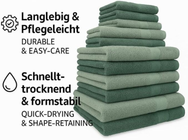 Betz Premium Handtuch-Set 12-teilig – 100% Baumwolle – Oeko-TEX® Zertifiziert – 470 g/m² – 2 Duschtücher, 4 Handtücher, 2 Gästetücher, 2 Seiftücher & 2 Waschhandschuhe - Farbe heugrün/tannengrün