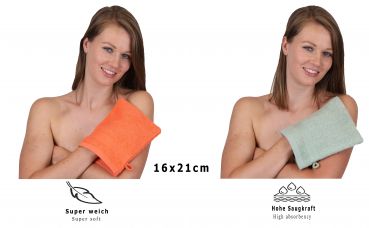 Betz set di 10 guanti da bagno PREMIUM 100 % cotone misure 16 x 21 cm arancio sanguinello - verde fieno