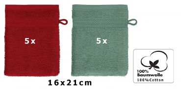 Betz 10 Stück Waschhandschuhe PREMIUM 100% Baumwolle Waschlappen Set 16x21 cm Farbe rubinrot - tannengrün