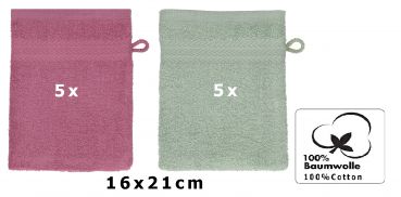 Betz 10 Stück Waschhandschuhe PREMIUM 100% Baumwolle Waschlappen Set 16x21 cm Farbe beere - heugrün