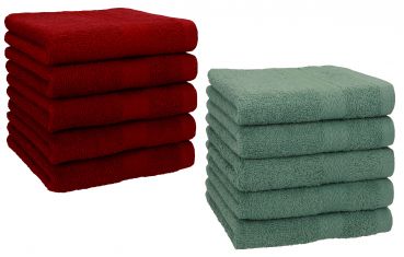 Betz 10 Pieces Face Cloth Set PREMIUM 100% Cotton 10 Face Cloths 30x30 cm ruby - fir green