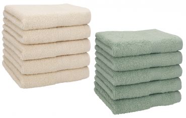Betz Paquete de 10 toallas faciales PREMIUM 100% algodón 30x30 cm color beige arena y verde heno