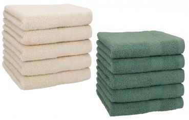 Betz Paquete de 10 toallas faciales PREMIUM 100% algodón 30x30 cm color beige arena y verde abeto