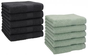 Betz Lot de 10 serviettes débarbouillettes lavettes taille 30x30 cm en 100% coton PREMIUM couleur graphite & vert foin