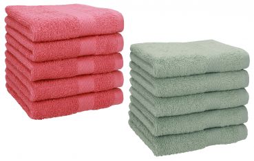 Betz Paquete de 10 toallas faciales PREMIUM 100% algodón 30x30 cm color rojo frambuesa y verde heno