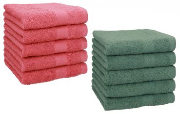 Betz Lot de 10 serviettes débarbouillettes lavettes taille 30x30 cm en 100% coton PREMIUM couleur framboise & vert sapin