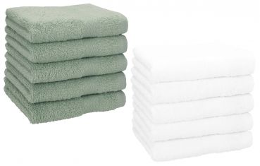 Betz Lot de 10 serviettes débarbouillettes lavettes taille 30x30 cm en 100% coton PREMIUM couleur vert foin & blanc