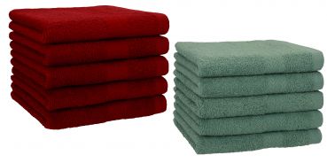 Betz Set di 10 asciugamani per ospiti 30x50 Premium 100 % cotone colore rosso rubino e verde abete
