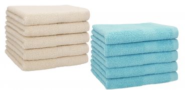 Betz Lot de 10 serviettes d'invités serviette invité taille 30x50 cm en 100% coton Premium couleur sable et bleu océan