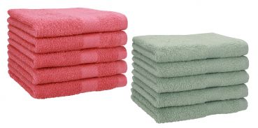 Betz Set di 10 asciugamani per ospiti 30x50 Premium 100 % cotone colore rosso lampone e verde fieno