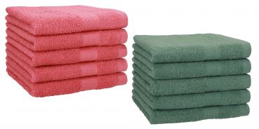 Betz Set di 10 asciugamani per ospiti 30x50 Premium 100 % cotone colore rosso lampone e verde abete