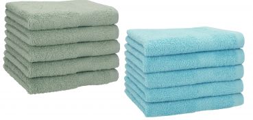 Betz Set di 10 asciugamani per ospiti 30x50 Premium 100 % cotone colore verde fieno e blu oceano