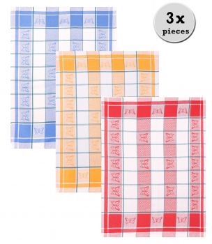 3 Piece Set Half-Linen Tea Towels Butterfly colours: blue, red and yellow, size: 50 x 70 cm