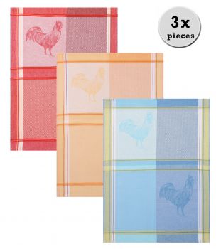 3 Piece Set Half-Linen Tea Towels Cock colours: blue, red and yellow, size: 50 x 70 cm