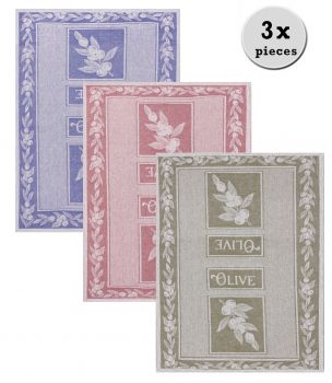 3 Piece Set Half-Linen Tea Towels Olive colours: blue, red and yellow, size: 50 x 70 cm
