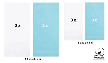 Betz 10-tlg. Handtuch-Set PALERMO 100%Baumwolle 4 Duschtücher 6 Handtücher Farbe weiß und türkis