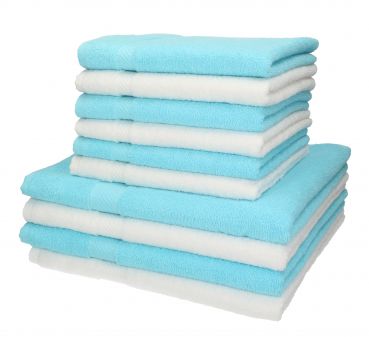 Lot de 10 serviettes Palermo couleur blanc et turquoise, 6 serviettes de toilette, 4 serviettes de bain de Betz