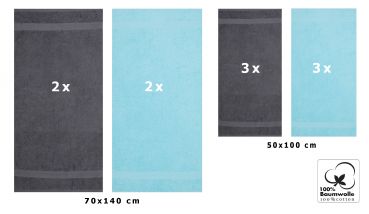 Lot de 10 serviettes Palermo couleur gris anthracite et turquoise, 6 serviettes de toilette, 4 serviettes de bain de Betz