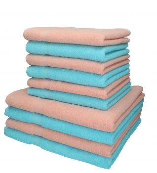 10 Piece Hand Bath Towel Set PALERMO colour: apricot & turquoise size: 50x100 cm 70x140 cm by Betz